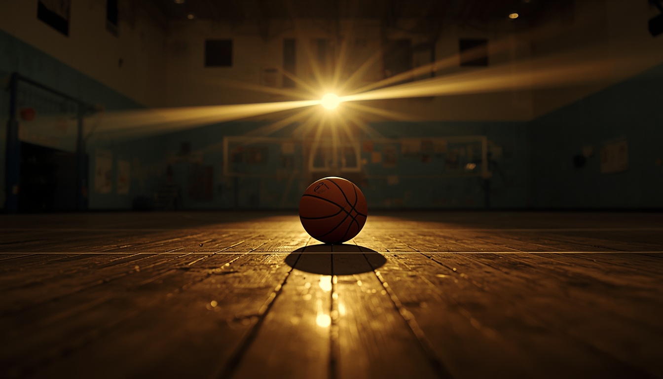Balón de baloncesto en una pista con luz cálida, imagen para el archivo fotográfico