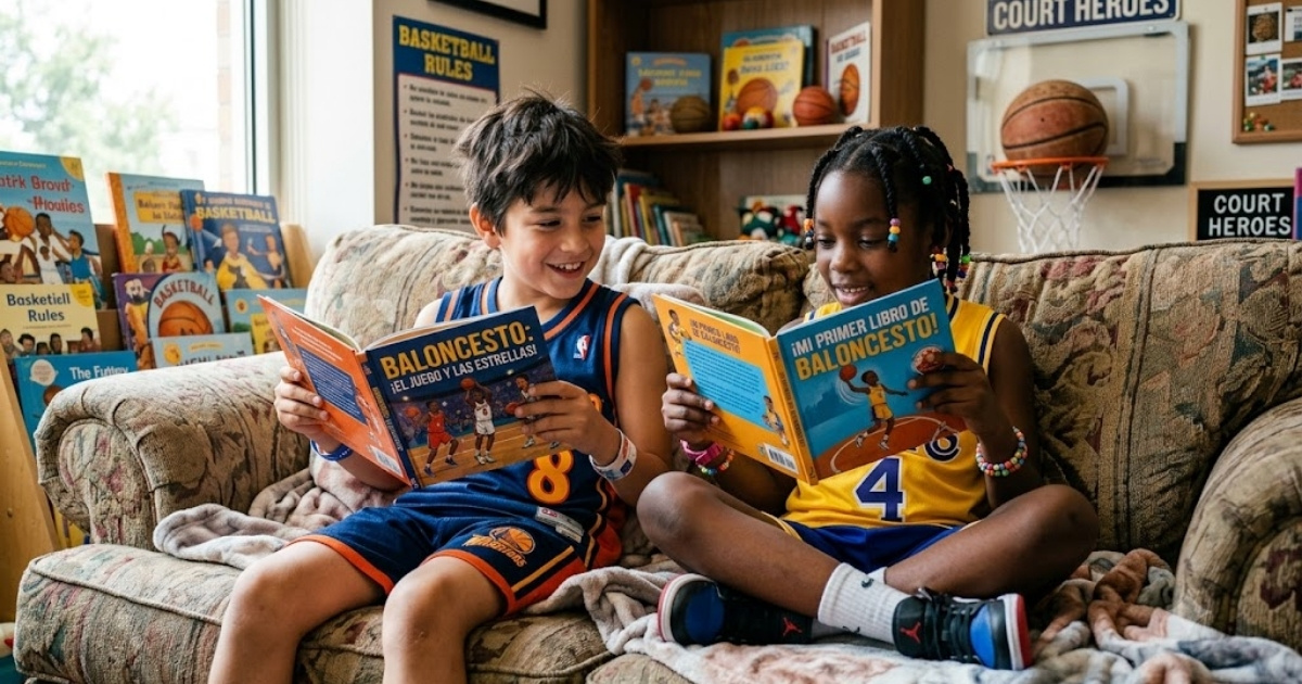 Dos niños con equipaciones de baloncesto leyendo libros infantiles sobre este deporte