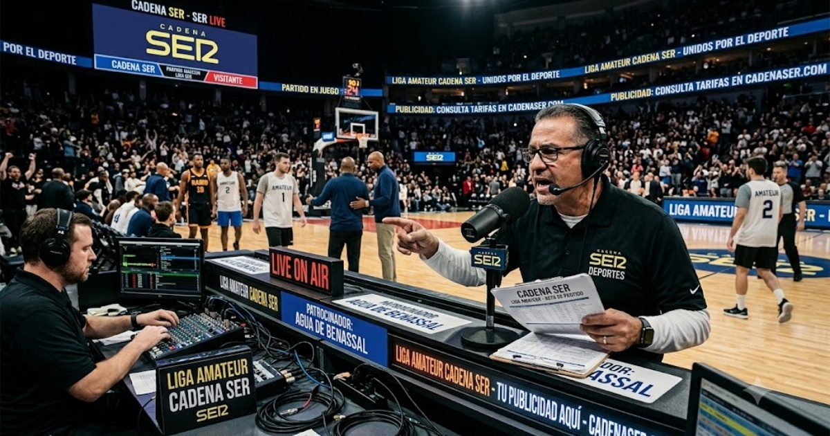 Locutor y técnico de radio retransmitiendo un partido de baloncesto junto a la cancha
