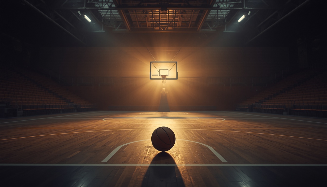 Balon de baloncesto en una pista iluminada, imagen principal de Yobasket
