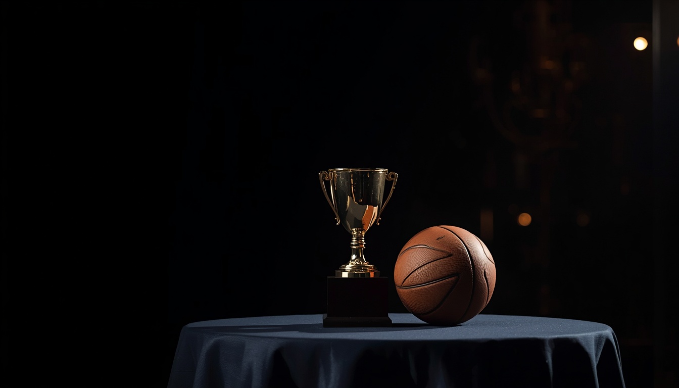 Trofeo y balón de baloncesto en ambiente oscuro, imagen de memoria y palmarés